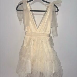 NWT Anna Grace Women's Dress Size S Tulle Pearls Bow Sleeves Bride Rehersal